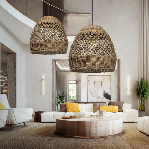 Seagrass Chandelier With Handwoven Rattan Wicker, Rustic Ceiling Hanging Light Fixture in modern living room ambiance