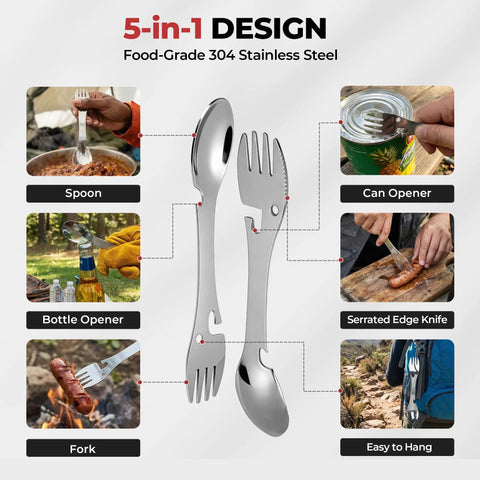 5-in-1 spork from 9 Piece Camping Cookware Set With Nonstick Pans And 3200W Stove Igniter Magnetic Gas Canister Stand 5 In 1 Spork