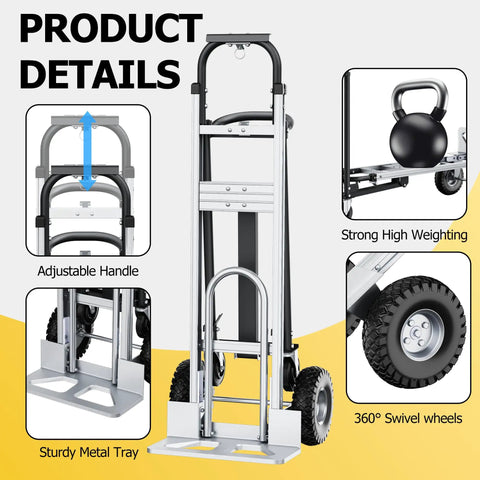 4 In 1 Convertible Hand Truck With 1000 Lb Capacity, Foldable Dolly Cart That Converts To Flatbed, 2 Wheel Hand Truck, And 4 Wheel Dolly, Built With A3 Steel Tube And Aluminum Alloy, Rugged Workhorse For Warehouses, Supermarkets, And Offices, Black showing adjustable handle and swivel wheels