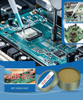 Lead Free Solder Paste Flux Repair Aid With Quick Melt Bond for electronics, shown being applied to circuit boards