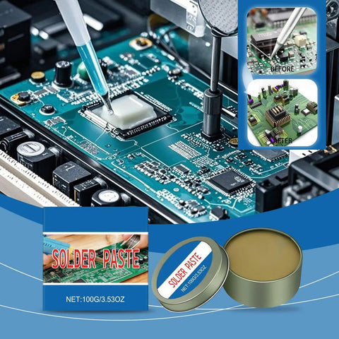 Lead Free Solder Paste Flux Repair Aid With Quick Melt Bond for electronics, shown being applied to circuit boards