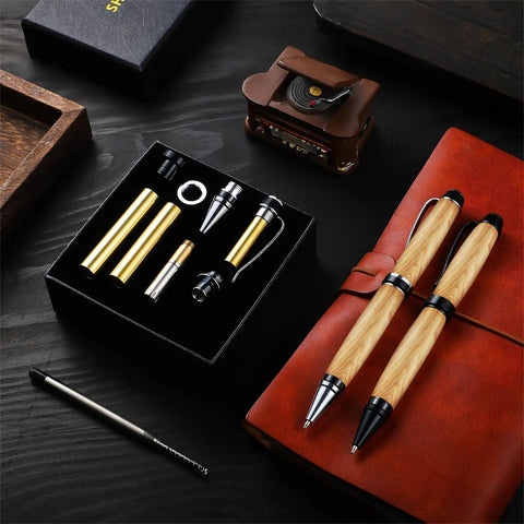 Six Pack Woodturning Pen Kit With Refills Twist Pens for DIY Lathe Turning Black and Silver Set displayed on a table