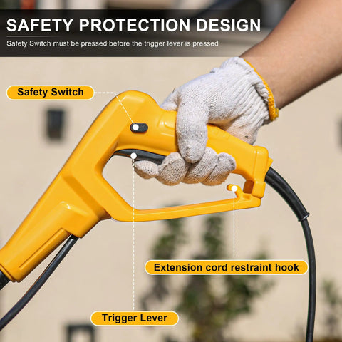 Gloved hand holding 12 Inch Corded Tiller Cultivator With 8.5 Amp Power, 360 RPM Rototiller, displaying safety switch and trigger lever