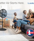 Pedestal Standing Fan With Adjustable Height From About 38 To 54 Inches Tilt Control 3 Speed Oscillating Airflow For Bedroom Portable 18 Inch Black Breezy Air Circulator cooling family in living room