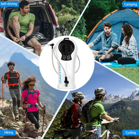 Collage of scenes with Hydration Bladder With 4 In 1 Cleaning Kit, 3L Capacity Water Reservoir for hiking, camping, cycling activities