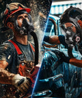No Sweat Portable PAPR Respirator Setup With Long Haul Battery And Comfort Waist Strap For Rough Tasks Like Epoxy Mixing Auto Body Prep And Fume Heavy Grinding, worker wearing respirator on the left and right.