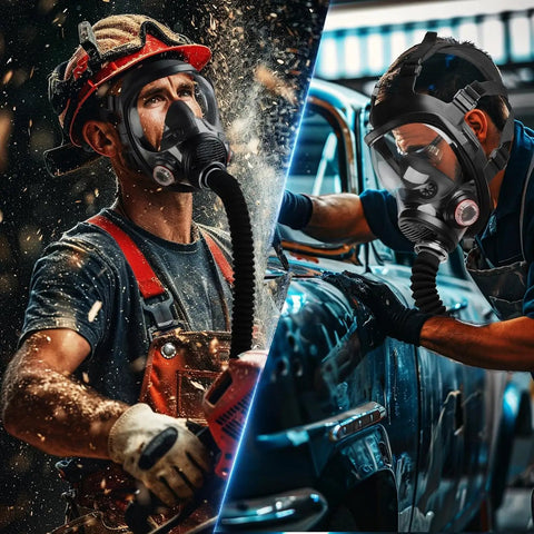 No Sweat Portable PAPR Respirator Setup With Long Haul Battery And Comfort Waist Strap For Rough Tasks Like Epoxy Mixing Auto Body Prep And Fume Heavy Grinding, worker wearing respirator on the left and right.