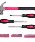 148 Piece General Household Tool Set With Pink Plastic Toolbox Storage Case For DIY Home Repairs And Craft Projects Includes Durable Heat Treated Hand Tools, featuring hammer, screwdrivers, and bits