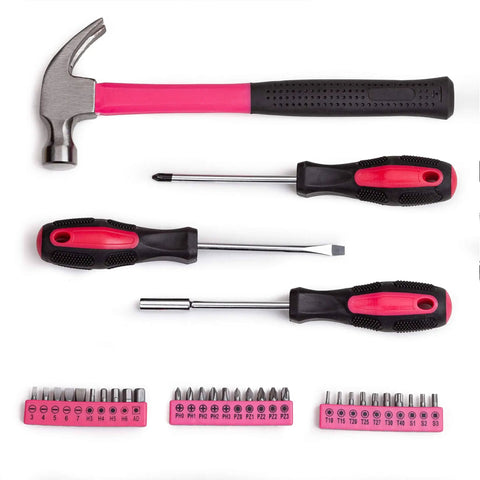 148 Piece General Household Tool Set With Pink Plastic Toolbox Storage Case For DIY Home Repairs And Craft Projects Includes Durable Heat Treated Hand Tools, featuring hammer, screwdrivers, and bits
