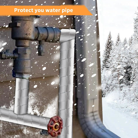 Foam Foil Pipe Insulation Wrap 3 Inch By 32 Foot Self Adhesive Reflective Tape shown on outdoor pipes in snowy setting