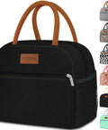Black insulated lunch bag with brown handles, front pocket, 10L size, in Oxford fabric, for work travel school, side view with color options