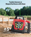 Heavy Duty 360 Degree Rotary Laser Level Kit With 2000 Ft Green Beam self leveling transmitter on uneven surface.