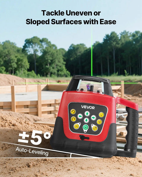 Heavy Duty 360 Degree Rotary Laser Level Kit With 2000 Ft Green Beam self leveling transmitter on uneven surface.