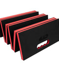 Black and red Mechanic Kneeling Pad Folding Mat For Under Car Work with carry handle, folded view.