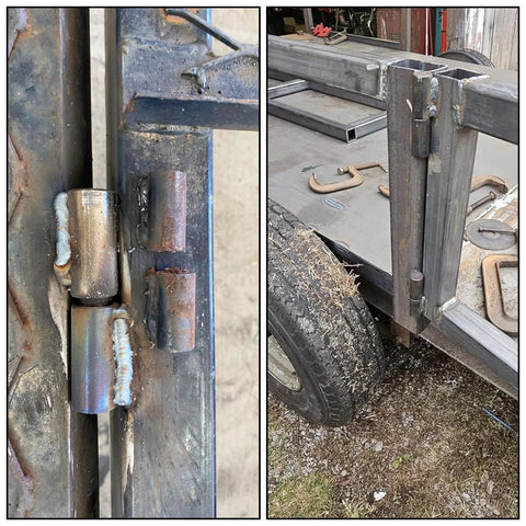 Weldable barrel hinge, heavy-duty steel, 4⅛ x 1 in, close-up on metal frame.
Installed weldable barrel hinge on trailer frame; heavy-duty steel, 4⅛ x 1 in.