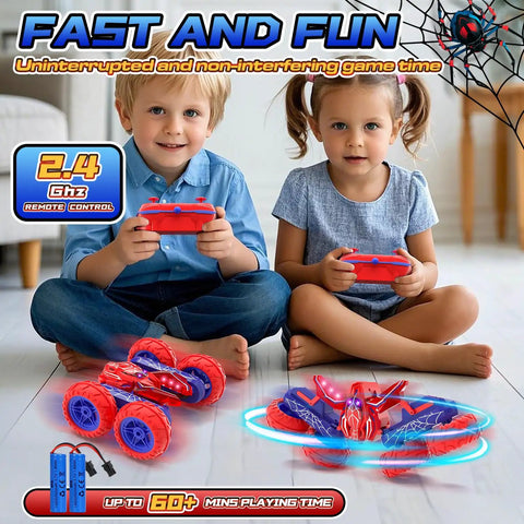Children playing with Rad Durable Remote Control Car For Kids Ages 4 To 12 360 Degree Spin RC Stunt Car With Two Rechargeable Batteries Bright LED Lights Performs Spins Drifts And Flips Ideal Birthday Gift For Boys