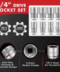 1/4 inch drive socket set with CR-V steel sockets, 6-13 mm sizes, showing anti-slip grooves and knurled design, part of 48 Piece Screwdriver Bit And Socket Set With Color Coded S2 Steel Bits Magnetic Bit Holder And 6 To 13 mm CRV Sockets For Power Drill Screwdriver And Mini Ratchet Wrench Including Slotted Phillips Torx Hex And Square Bits.