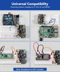 Portable Maker Friendly Breadboard Power Supply With Built In Rechargeable Battery, 5V 1.5A And 3.3V 1A USB Outputs shown with Arduino, Raspberry Pi, ESP32