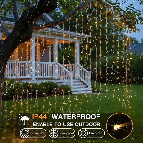 200 LED Curtain String Lights For Indoor Outdoor Use With 8 Modes And Timer Warm White Fairy Lights outside a house at night
