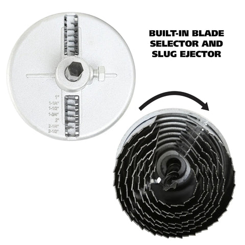 Seven In One Hole Saw Kit With One And Three Quarters Inch Depth Includes Seven Diameters From One Inch To Two And A Half Inches Built In Blade Selector And Slug Ejector Tempered Steel Blades Top view