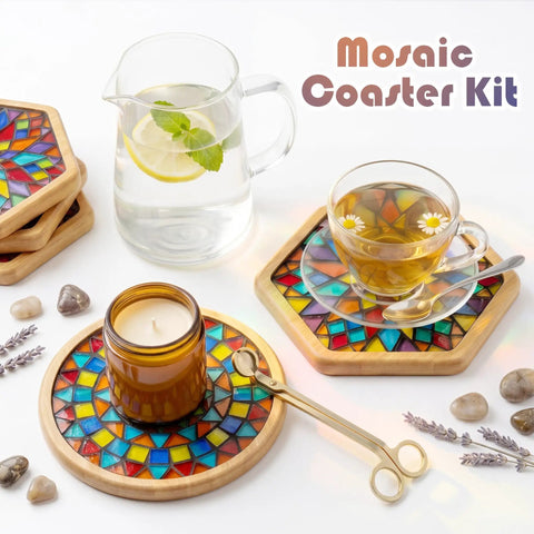 Ultimate Mosaic DIY Kit for Adults, Mixed Color Stained Glass Tiles With Two Wooden Coaster Bases displayed with tea and candle