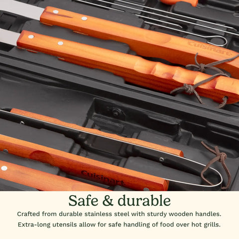 Close-up view of 13 Piece Wooden Handle Grill Tools Set With Stainless Steel Spatula, Fork, Tongs in compact case for backyard cookouts.