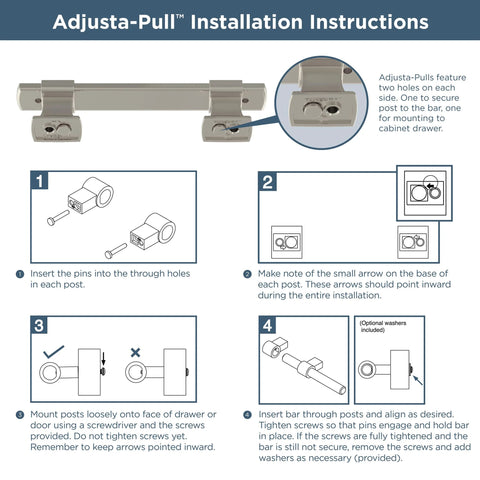 Adjusta-Pull installation guide with steps for installing Matte Black Adjustable Drawer Pulls 5 Pack Fits 1-3/8 To 4 Inch Hole Centers.