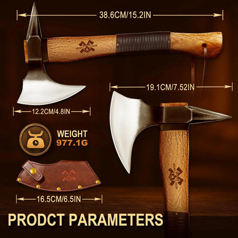 15 Inch Camping Hatchet Survival Axe With Sheath High Carbon Steel Blade Wood Handle Anti Slip Grip Beast Mode Tool
