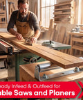 Man using Tough 10 Inch Roller Bracket Set Galvanized Steel 1.5 Inch Diameter for steady infeed on table saw.