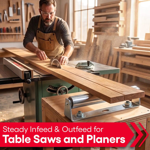 Man using Tough 10 Inch Roller Bracket Set Galvanized Steel 1.5 Inch Diameter for steady infeed on table saw.
