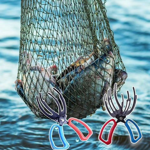 Two Pack 3 Claw Metal Fish Gripper Pliers Set For Freshwater Fishing with netted fish in background