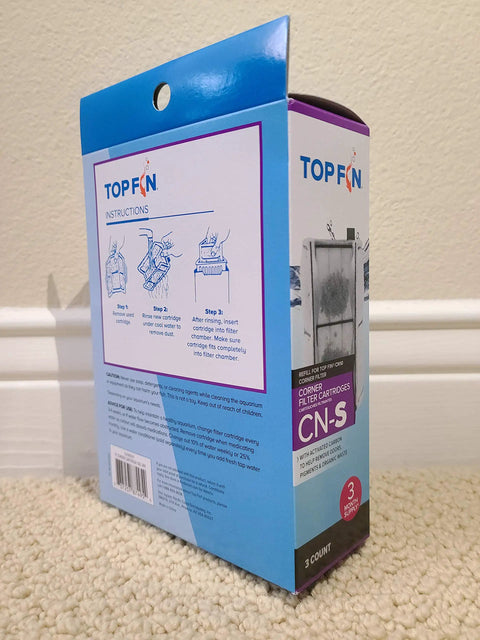 Box of CN-S Corner Filter Cartridges 3 Pack For Aquariums with installation instructions on the side, white carpet background.