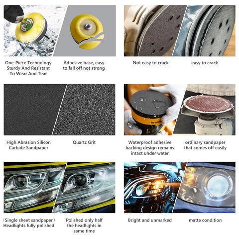 Dope 136 Pieces 3 Inch Sanding Disc Polishing Kit showcasing sandpaper differences and headlight polish results