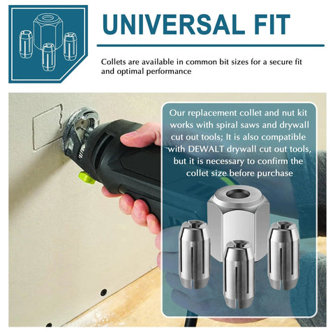 Replacement Collet And Nut Kit For CN1 3 1/8 Inch Collets And 1 Nut Includes 10 1/8 Inch Drywall Guide Point Cutting Bits