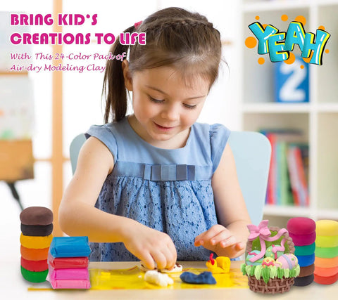 Child crafting with Colorful Clay Kit With 24 Colors And 3 Sculpting Tools No Bake Mess Free Craft Set For Kids And Adults