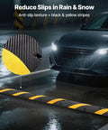 Beefy Rubber Driveway Speed Bumps 2-Pack, 6-Foot 2-Channel Modular Traffic Humps, 22,000 Lbs Axle Load Capacity, yellow and black stripes in rain