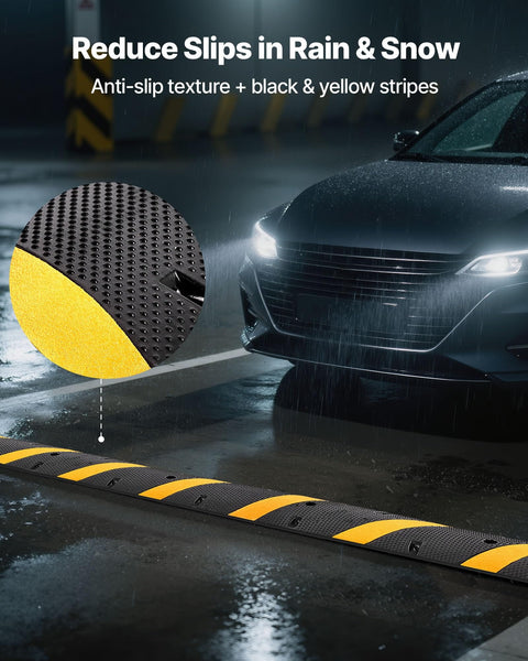 Beefy Rubber Driveway Speed Bumps 2-Pack, 6-Foot 2-Channel Modular Traffic Humps, 22,000 Lbs Axle Load Capacity, yellow and black stripes in rain