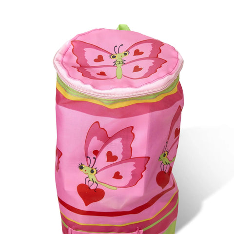 Kid Sized Butterfly Back Folding Chair With Built In Cup Holder In Armrest, Storage Bag, Pink And Green Butterfly Theme