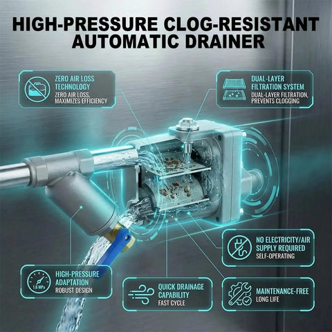 Illustration of Zero Air Loss Automatic Condensate Drain Valve For Air Compressors 1.6 MPa showcasing filtration and drainage features