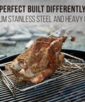 V Shaped Stainless Steel Turkey Roasting Rack for Oven and Kamado Grills holding roasted turkey on grill