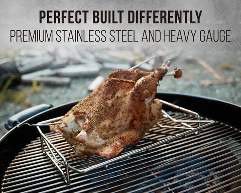 V Shaped Stainless Steel Turkey Roasting Rack for Oven and Kamado Grills holding roasted turkey on grill