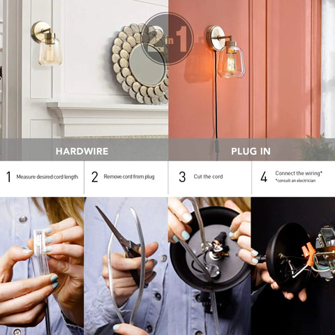 Dope 1 Light Plug In Or Hardwire Wall Sconce In Matte Brass With Smoked Amber Glass Shade And Black Fabric Cord demonstration