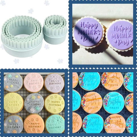 Crethinkaty 8-piece plastic round cookie cutter set; nesting sizes for cookies and fondant; shown with decorated cookies.