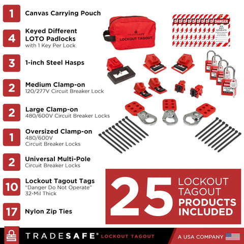 Electrical Lockout Tagout Kit For Circuit Breakers Ready To Roll 120 277V To 480 600V With Hasps Tags And Carrying Bag OSHA Compliant LOTO Set
