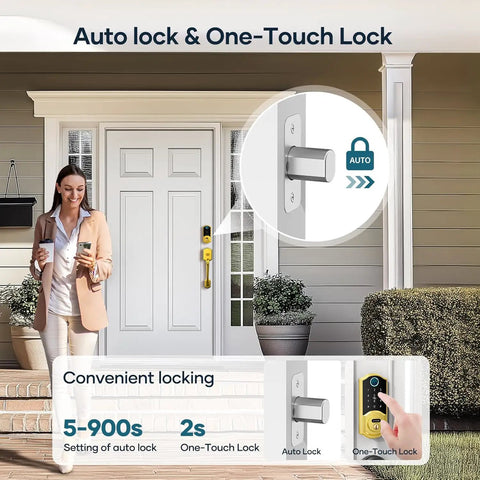Smooth Operator Smart Lock For Front Doors With Integrated Handle Featuring Quick Fingerprint Unlock Smartphone App Bluetooth Control Alexa Compatibility And Classic Gold Finish For Tight Security And Dead Simple Install