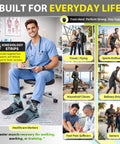 Man in scrubs wearing compression sleeve for plantar fasciitis and ankle pain relief with foot arch support and adjustable brace.