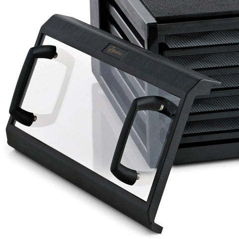 No Sweat Premium Electric Food Dehydrator With Clear Viewing Door and Five Stackable Trays features a transparent door for easy monitoring.