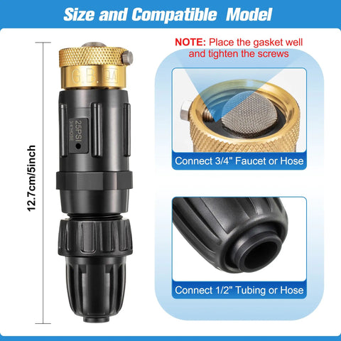 Drip Irrigation Faucet Adapter Kit With 25 PSI Water Pressure Regulator Backflow Preventer And Filter close-up connection parts