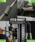 Image showing Angled Barbell Grips Pro for Joint Support and Muscle Activation on barbells and cable attachments in a gym setting.