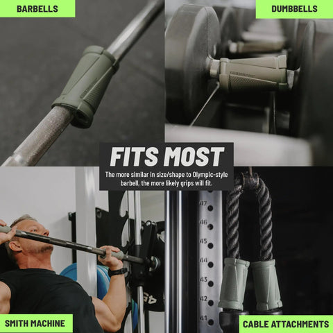 Image showing Angled Barbell Grips Pro for Joint Support and Muscle Activation on barbells and cable attachments in a gym setting.